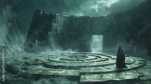 In the center of the labyrinth stands a mysterious ancientlooking statue representing the power and enigma of fate. photo