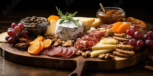 A delicious cheese board with a variety of meats and snacks.