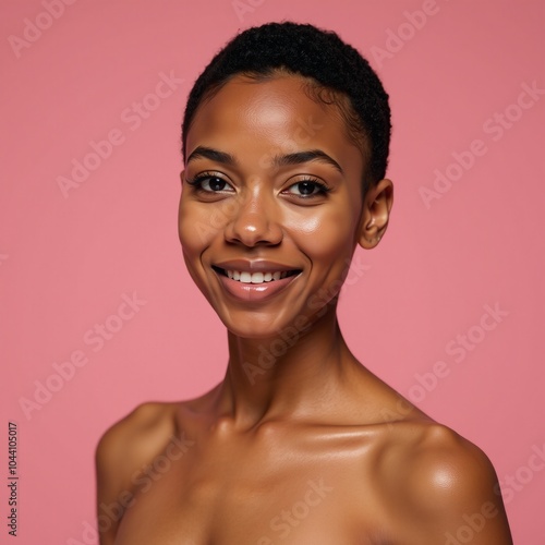 Young African American woman with short hair exuding serenity and confidence flawless skin on trendy pink backgroundideal for beauty advertisements Makeup Copy Space photo