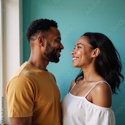 A portrait of an African American couple aged 19 sharing their first love moment against a pastel blue backdrop