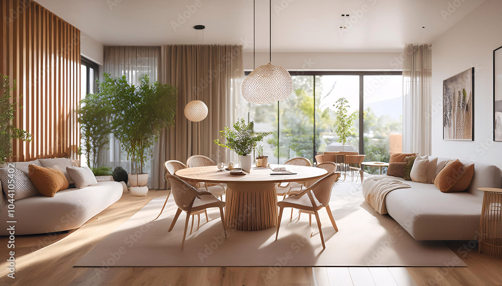 Fototapeta premium A minimalist living room with warm wood tones, featuring a round dining table, leather sofa, and large windows overlooking a balcony
