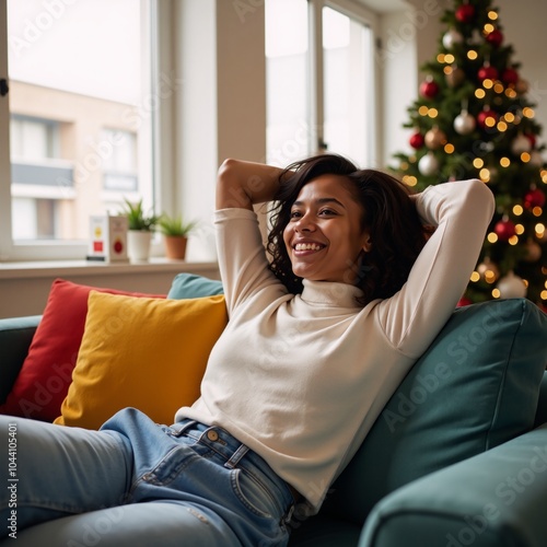 A fun-loving African American woman enjoying holiday relaxation in a vibrant modern home setting photo