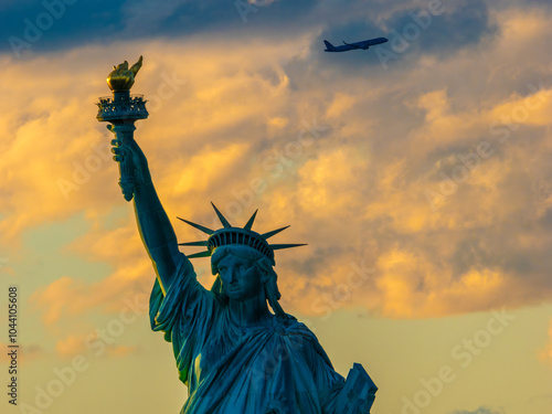 An airplane flying near the State of Liberty during sunset, New Yrok Harbor, New York City, NY, USA