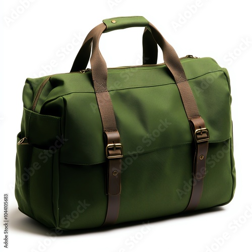 Stylish green travel bag with brown handles, perfect for short trips and adventures. Features durable material and spacious compartments.