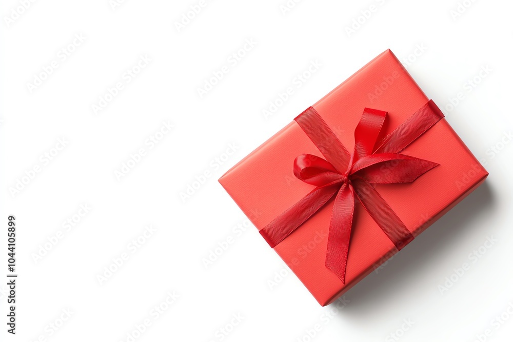 Top view of a neatly wrapped red gift box with a matching ribbon on a white background. Perfect for celebrations and special occasions. Top view of a neatly wrapped red gift box with a matching ribbon on a white background. Perfect for celebrations and special occasions.