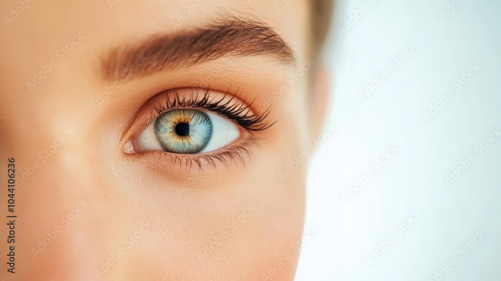 Fototapeta premium Close-up of a blue eye with long lashes and well-defined eyebrows, AI