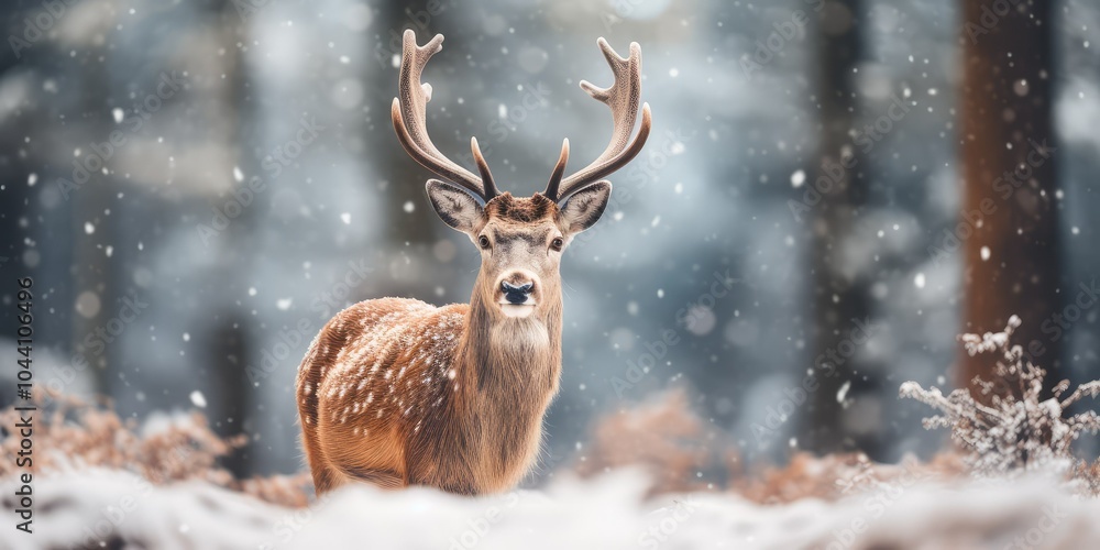A deer stands in the snow A deer stands in the snow