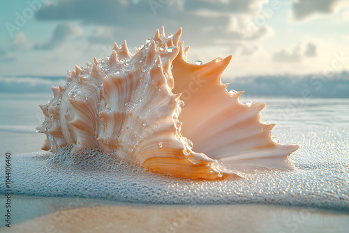 A close-up of a seashell glistening with water droplets on a sandy beach during sunrise.