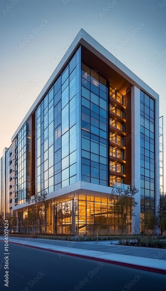 Fototapeta premium Modern Glass Office Building at Sunset, Modern Architecture and Corporate Business Center