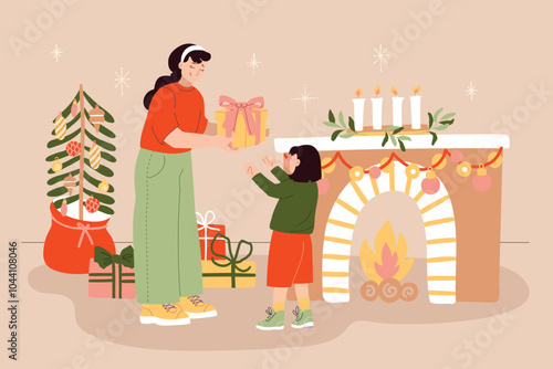 Family exchanging gifts at Christmas. Festive scene with parent and child decorating the fireplace. Hand drawn modern flat vector illustration set.