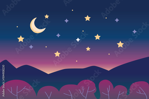 Hand drawn starry night landscape backgrounds. Vector illustration in minimalist flat style. Sunset in the mountains for web banner, cover, background design.