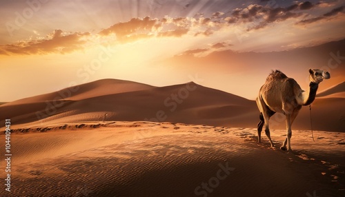 Camel in the desert with sand dunes and dramatic sunset in the background  camel in the desert sand dunes as the sun sets  desert photography  dramatic sand dunes with beautiful sunset and clouds