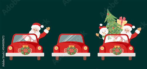 Chrismas car with Santa Claus as the driver and snowman with gifts, tree and decorations. Flat style vector illustration. For Christmas cards, banners and labels. Holiday character. Hand drawn.