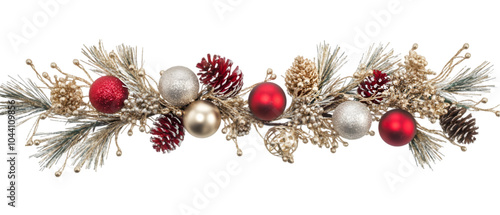 Festive Christmas garland with red and silver baubles, pine cones, and frosted greenery. isolated on transparent background