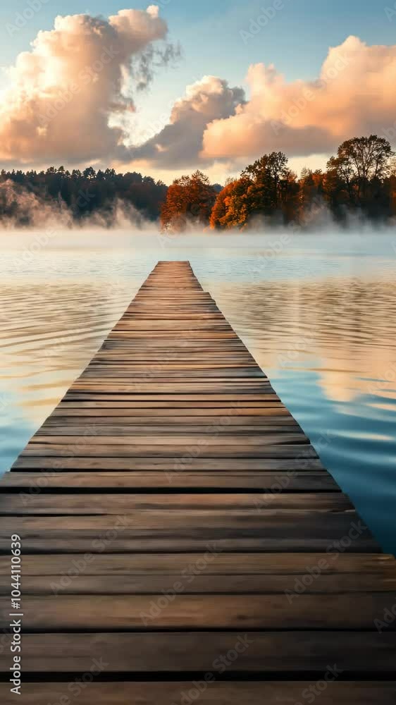 wooden pier extending into foggy lake with wooden pier extending into foggy lake with