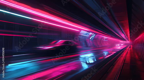 Light trail of a car driving under a subway - generated by ai. Underground City. Illustration