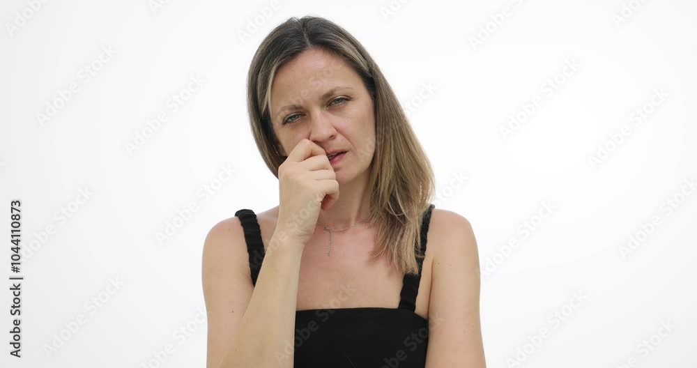 Worried woman rubs hands repeatedly showing nervousness on white background. Blonde woman shows unconscious sign of anxious thoughts slow motion Worried woman rubs hands repeatedly showing nervousness on white background. Blonde woman shows unconscious sign of anxious thoughts slow motion