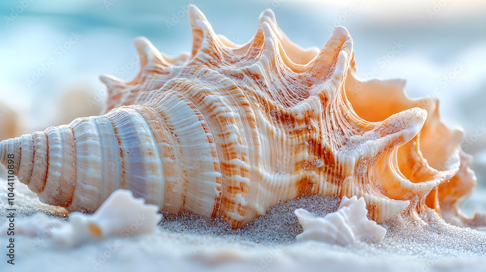 An exquisite seashell rests on the shore, showcasing intricate patterns and warm colors against soft sand. An exquisite seashell rests on the shore, showcasing intricate patterns and warm colors against soft sand.