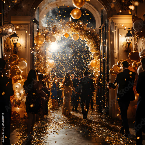 A glamorous entrance filled with balloons, confetti, and people celebrating at a festive event. photo