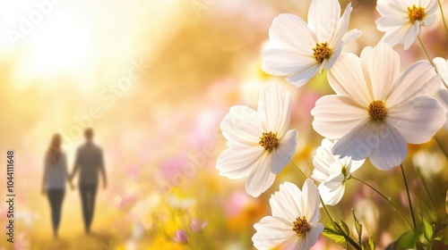 White cosmos flowers bloom vibrantly in a sunlit garden, with a couple walking hand in hand, AI
