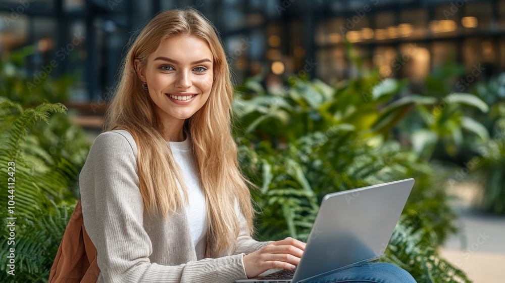 Smiling Young Woman with Blond Hair Using Laptop, Working Remotely in Green Urban Space Smiling Young Woman with Blond Hair Using Laptop, Working Remotely in Green Urban Space