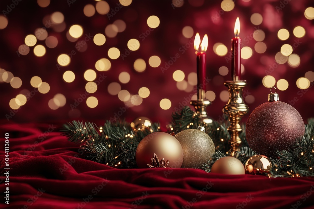 Festive velvet and gold ornaments in a luxurious Christmas scene Festive velvet and gold ornaments in a luxurious Christmas scene