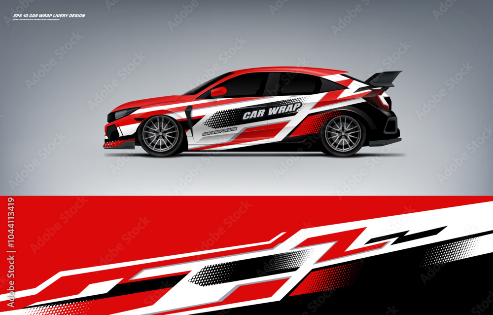 Fototapeta premium Sport racing Car branding with racing wrap decal or livery design. Abstract racing graphic red with background. Editable vector templates