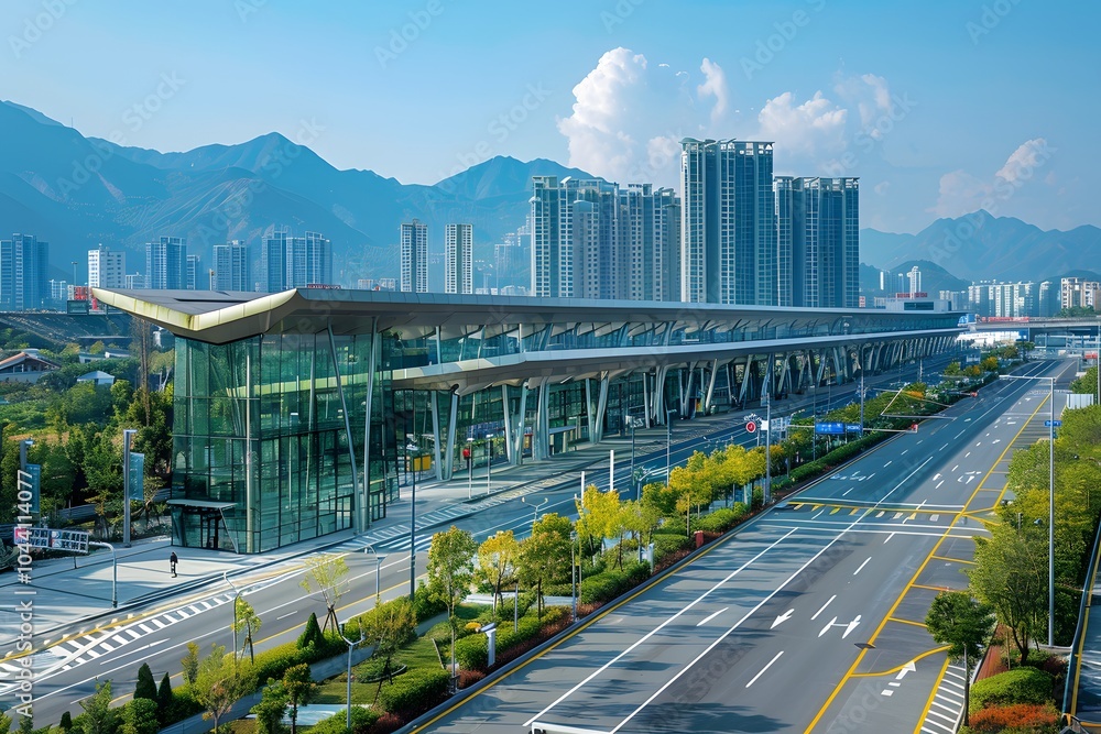 Fototapeta premium Modern Train Station Surrounded by Urban Landscape and Mountains