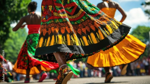 Colorful traditional african clothing and dance at outdoor kwanzaa festival celebration