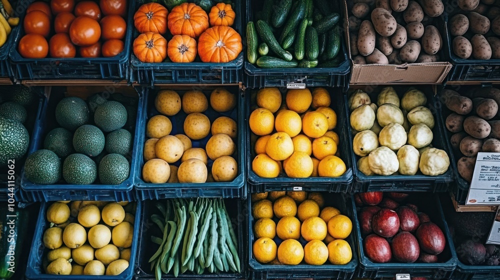 A colorful display of fresh fruits and vegetables in a market setting. A colorful display of fresh fruits and vegetables in a market setting.