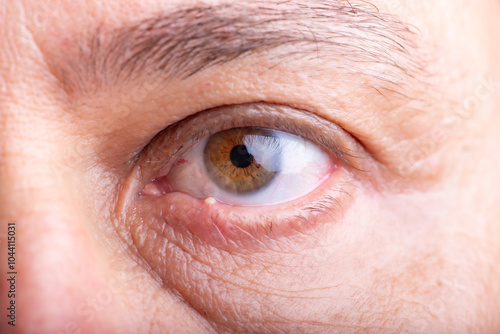 Ophthalmic hordeolum, close-up of an adult male eye with a stye (ophthalmic hordeolum), selective focus.