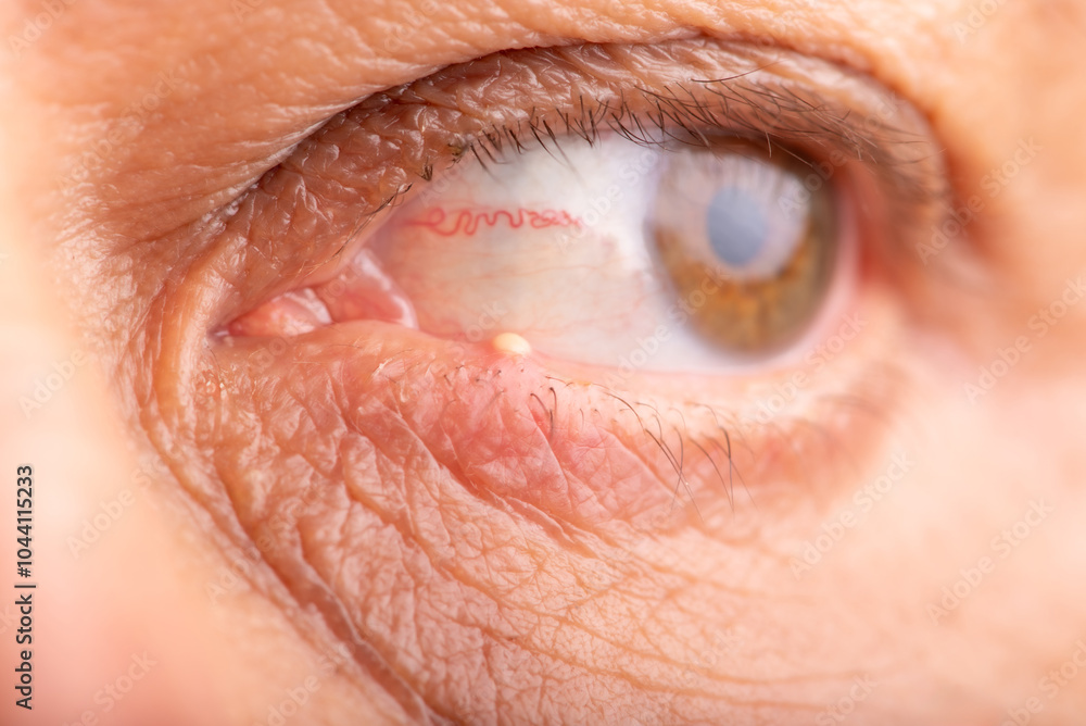 Fototapeta premium Ophthalmic hordeolum, close-up of an adult male eye with a stye (ophthalmic hordeolum), selective focus.