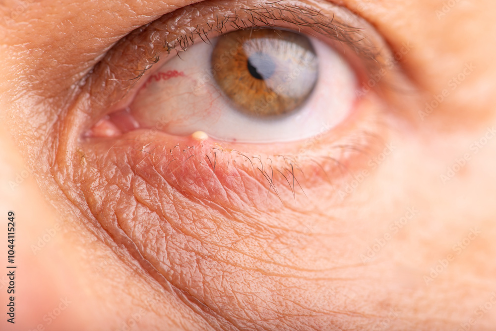 Fototapeta premium Ophthalmic hordeolum, close-up of an adult male eye with a stye (ophthalmic hordeolum), selective focus.
