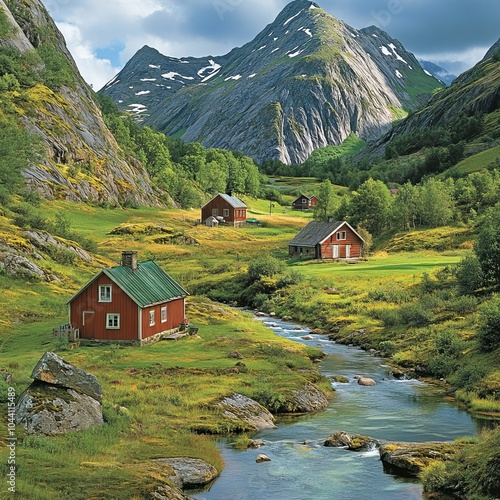 Scenic Sweden Red Houses Dot the Landscape of a Green Valley with a Winding River, Mountains. photo