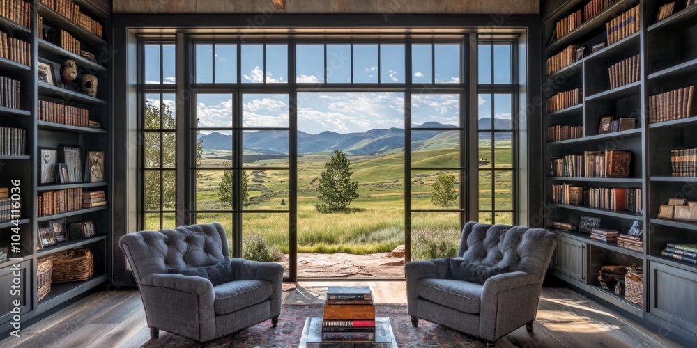A cozy reading nook with two comfortable chairs surrounded by bookshelves. This space offers stunning mountain views and natural light. Perfect for relaxation or inspiration. AI A cozy reading nook with two comfortable chairs surrounded by bookshelves. This space offers stunning mountain views and natural light. Perfect for relaxation or inspiration. AI