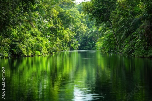 River and rainforest with reflective water surface