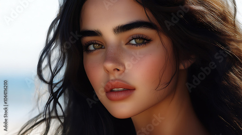 Sun-Kissed Beauty: A captivating portrait of a woman with long, dark hair and mesmerizing green eyes, her beauty enhanced by the warm glow of sunlight. 