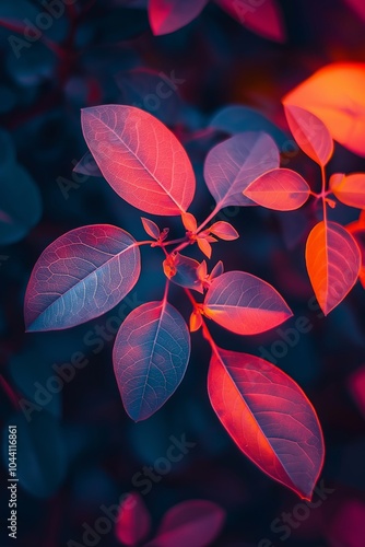 Brightly colored leaves under striking artistic lighting, evoking nature's vivid palette and dynamic contrasts. photo