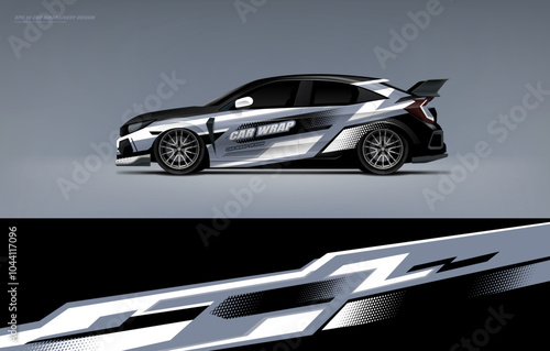 Car branding with racing wrap decal or livery simple design black white. Abstract racing graphics red with backround. Editable vector template