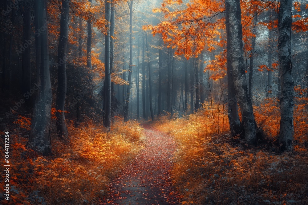 Forest path in autumn with orange leaves Forest path in autumn with orange leaves