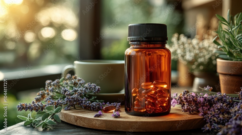 A bottle of amber herbal supplements gleams amid lavender and greenery, emitting a serene, natural vibe in a softly lit space. A bottle of amber herbal supplements gleams amid lavender and greenery, emitting a serene, natural vibe in a softly lit space.
