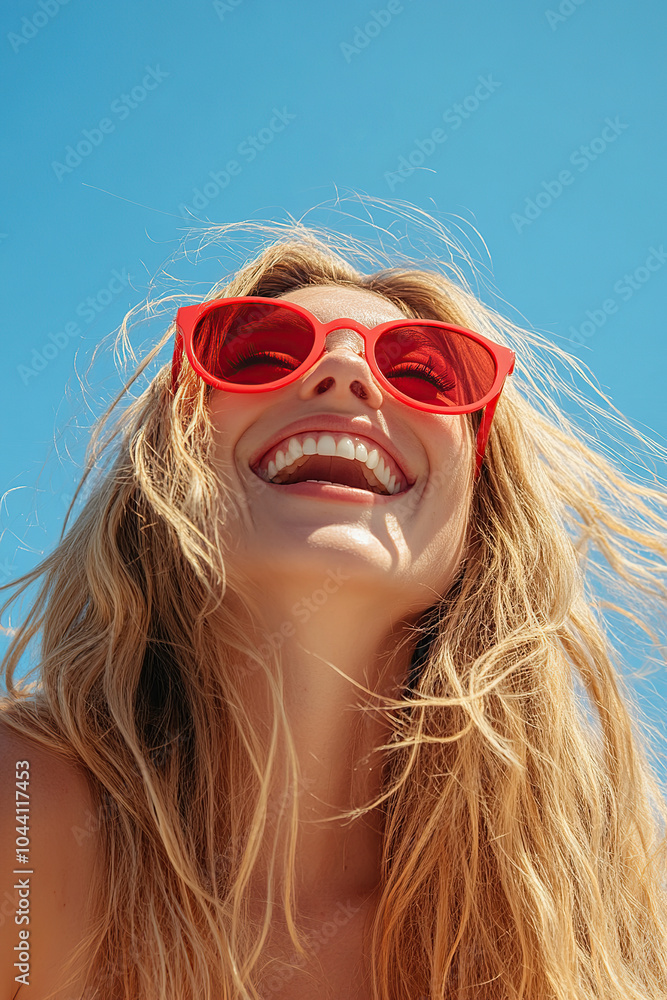 Joyful Blonde Woman Looking Up at a Bright Blue Sky Joyful Blonde Woman Looking Up at a Bright Blue Sky