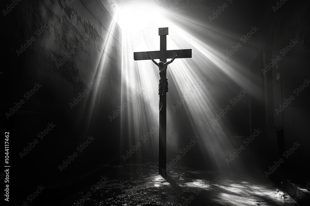 Naklejka premium A crucifix illuminated by rays of light in a dark room, signifying divine presence