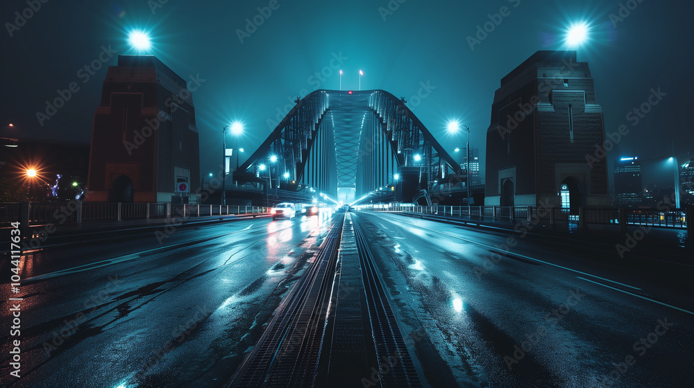 Fototapeta premium A bridge is lit up at night with cars driving on it