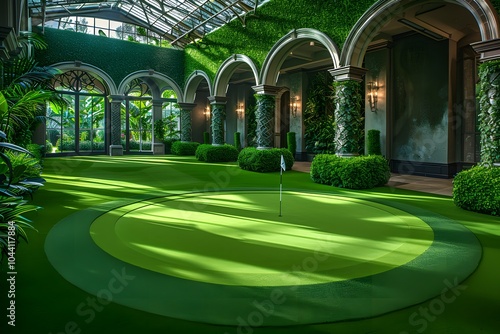 Luxurious Indoor Golf Putting Green Surrounded by Lush Greenery