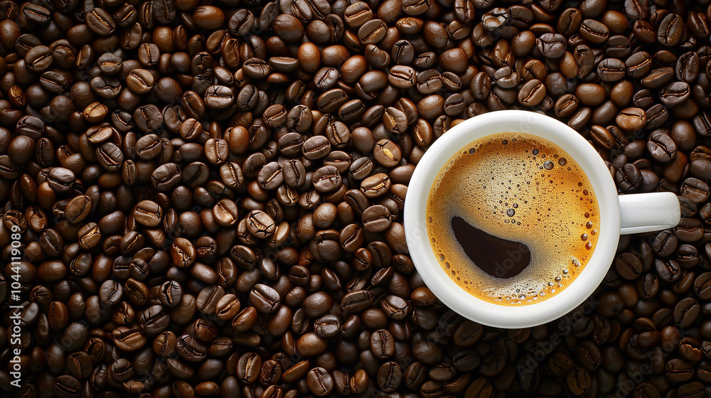 A white coffee cup with a brown liquid in it sits on top of a pile of coffee bea