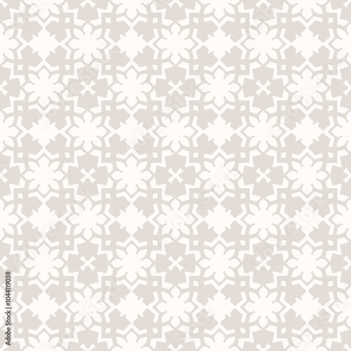 Vector seamless pattern in ethnic style. Simple elegant abstract light beige and white geometric ornament texture with flower silhouettes, crosses, stars, repeat tiles. Subtle background. Geo design