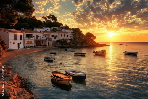 Small village by the sea in golden light 