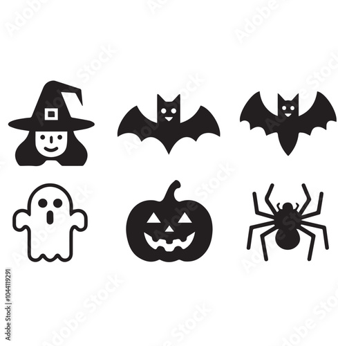  Set of Black and White Halloween Icons - Witch, Bat, Pumpkin, Ghost, and Spider