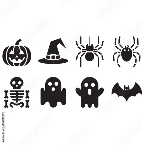 Set of Black and White Halloween Icons - Pumpkin, Witch's Hat, Spider, Skeleton, Ghost, and Bat